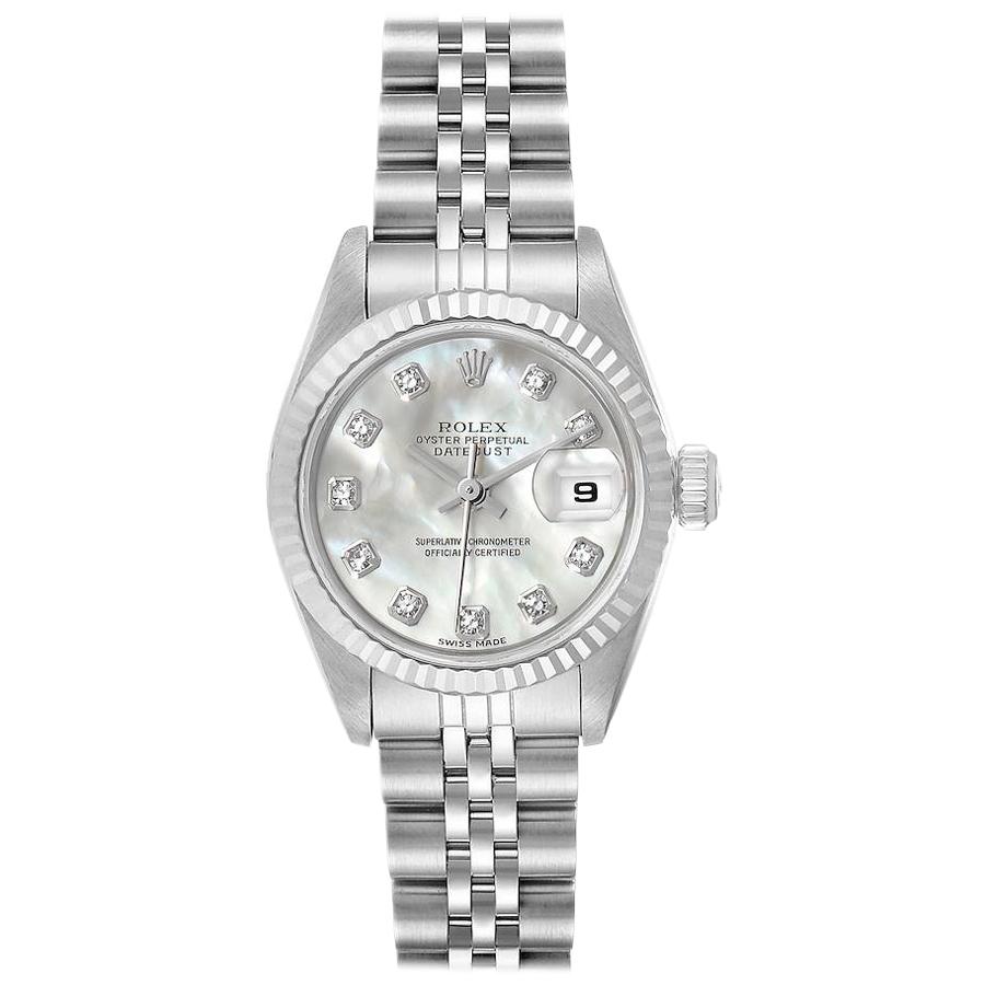 Rolex Datejust Steel White Gold MOP Diamond Dial Ladies Watch 69174 Box For Sale