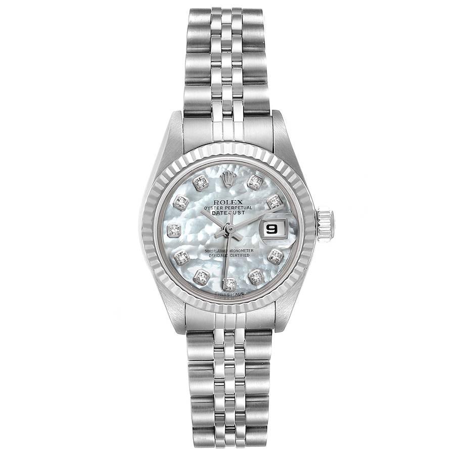Rolex Datejust Steel White Gold MOP Diamond Dial Ladies Watch 79174. Officially certified chronometer self-winding movement. Stainless steel oyster case 26.0 mm in diameter. Rolex logo on a crown. 18K white gold fluted bezel. Scratch resistant