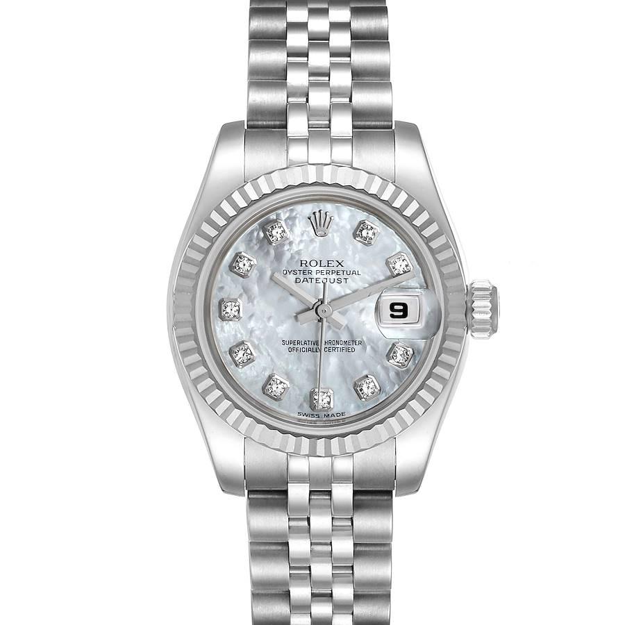 Rolex Datejust Steel White Gold MOP Diamond Ladies Watch 179174. Officially certified chronometer self-winding movement. Stainless steel oyster case 26.0 mm in diameter. Rolex logo on a crown. 18K white gold fluted bezel. Scratch resistant sapphire