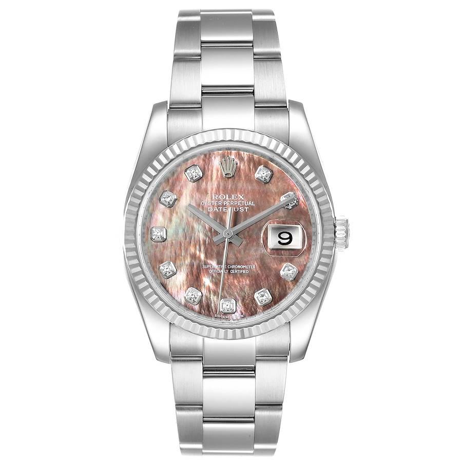 Rolex Datejust Steel White Gold MOP Diamond Mens Watch 116234 Box Papers. Officially certified chronometer self-winding movement. Stainless steel case 36.0 mm in diameter.  Rolex logo on a crown. 18K white gold fluted bezel. Scratch resistant