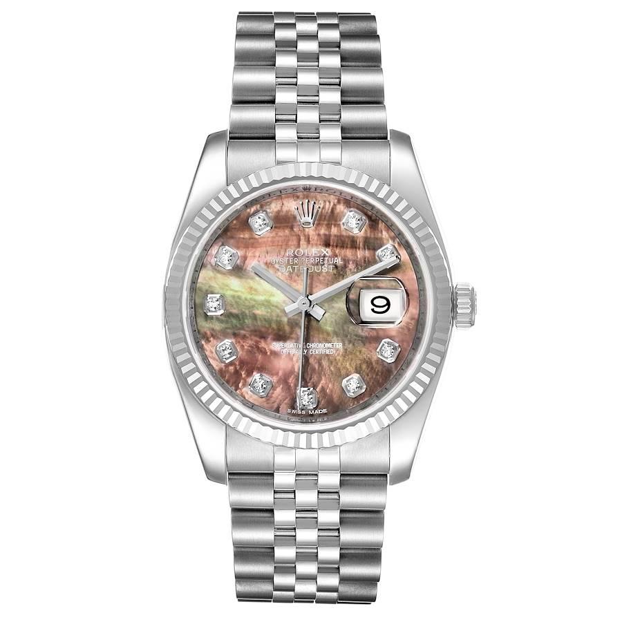 Rolex Datejust Steel White Gold MOP Diamond Mens Watch 116234. Officially certified chronometer self-winding movement. Stainless steel case 36.0 mm in diameter.  Rolex logo on a crown. 18K white gold fluted bezel. Scratch resistant sapphire crystal