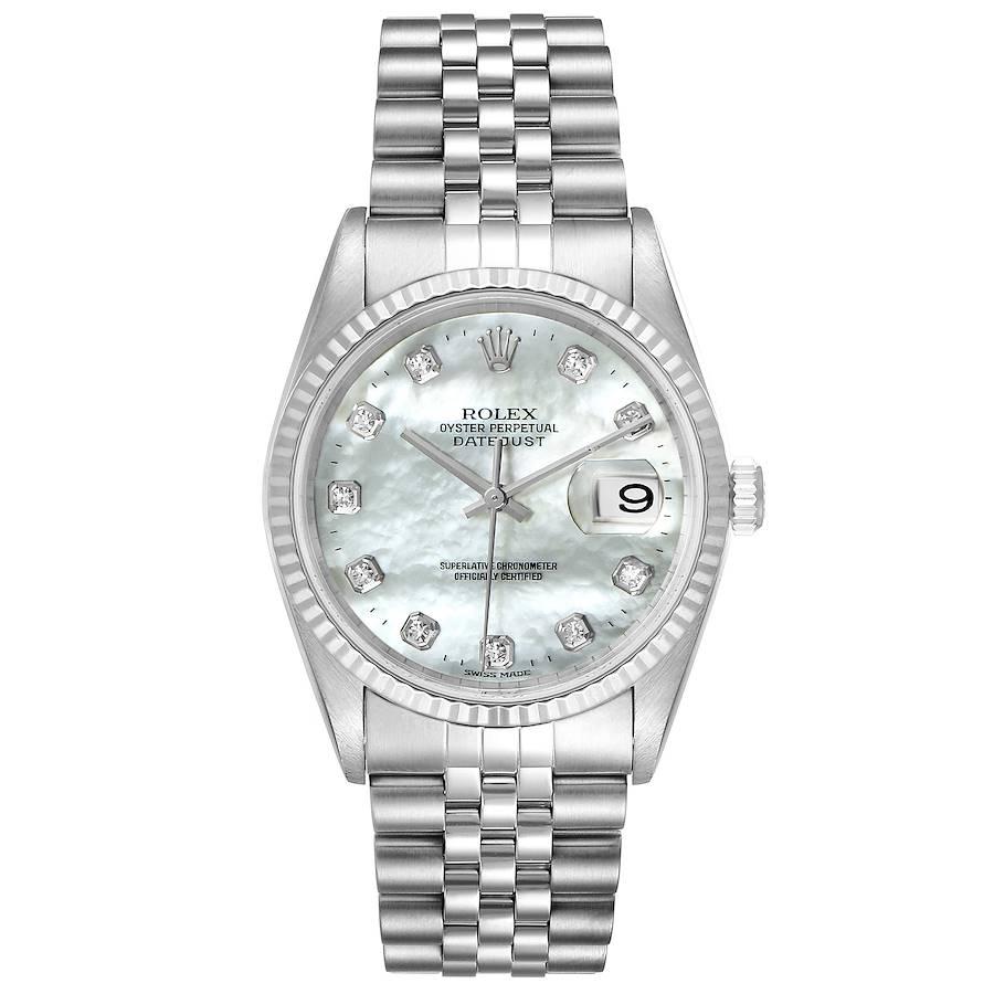 Rolex Datejust Steel White Gold MOP Diamond Mens Watch 16234. Officially certified chronometer self-winding movement. Stainless steel case 36.0 mm in diameter. Rolex logo on a crown. 18K white gold fluted bezel. Scratch resistant sapphire crystal