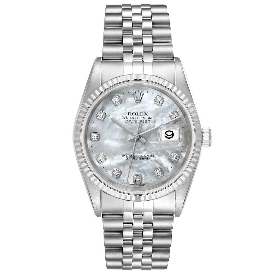 Rolex Datejust Steel White Gold MOP Diamond Mens Watch 16234. Officially certified chronometer self-winding movement. Stainless steel case 36.0 mm in diameter.  Rolex logo on a crown. 18K white gold fluted bezel. Scratch resistant sapphire crystal