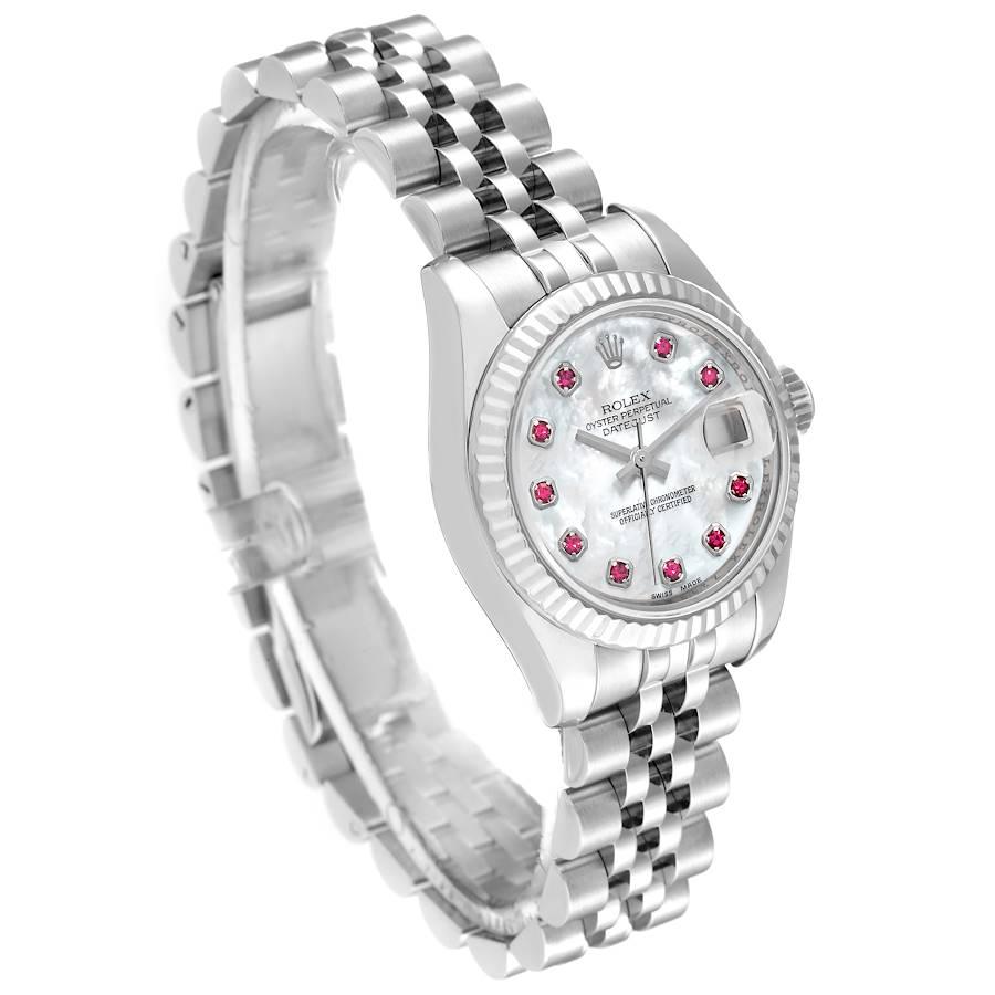 Rolex Datejust Steel White Gold MOP Ruby Dial Ladies Watch 179174 Box Card In Excellent Condition In Atlanta, GA