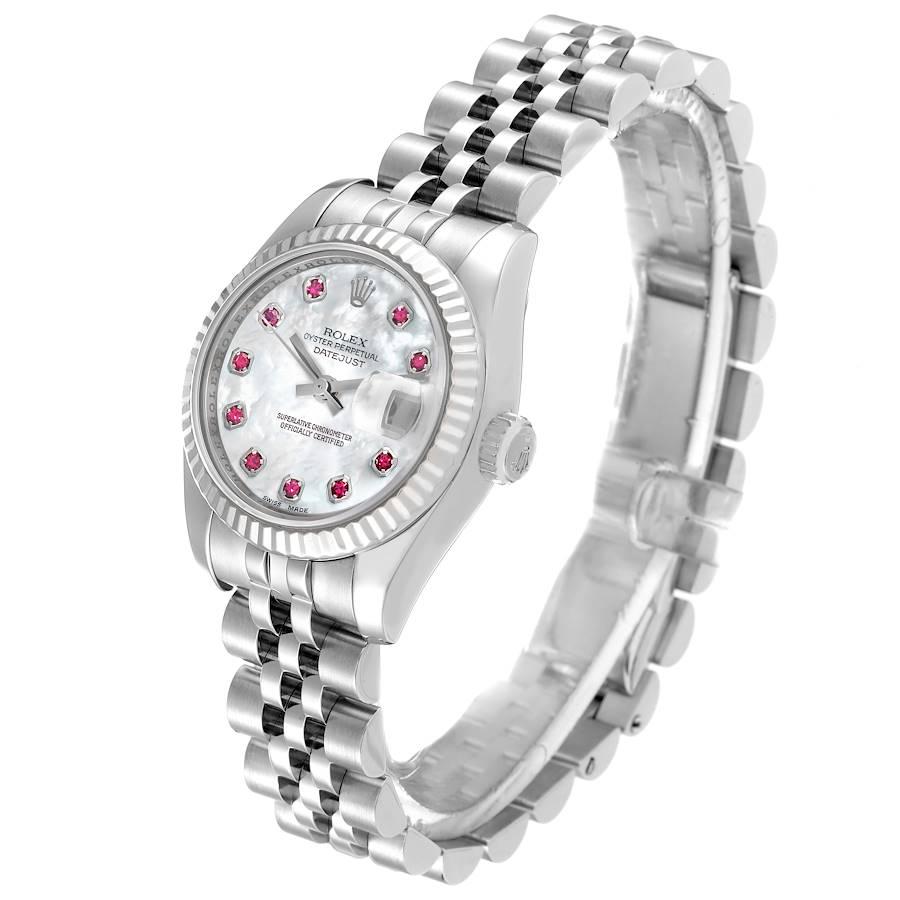 Women's Rolex Datejust Steel White Gold MOP Ruby Dial Ladies Watch 179174 Box Card