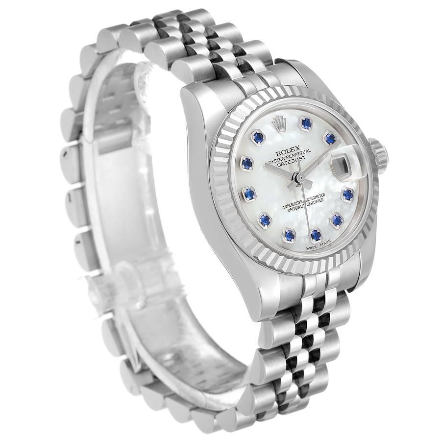 Rolex Datejust Steel White Gold MOP Saphire Ladies Watch 179174 In Excellent Condition For Sale In Atlanta, GA
