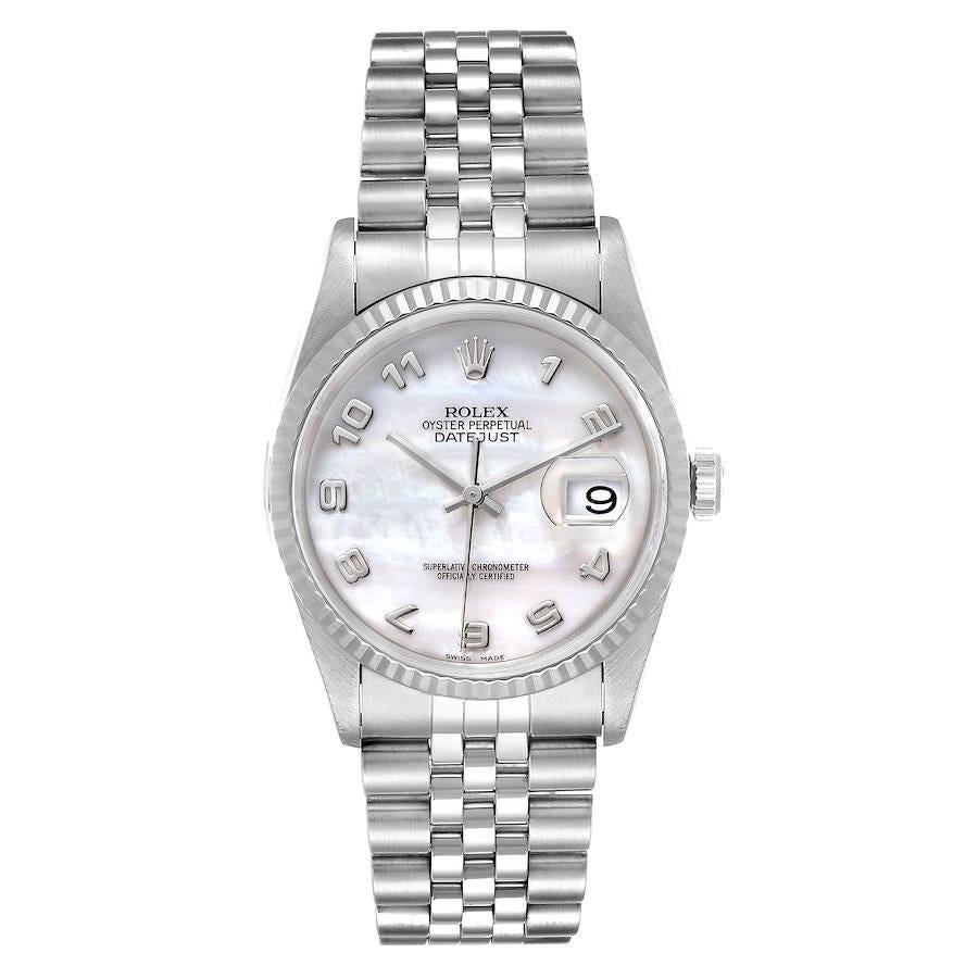 Rolex Datejust Steel White Gold Mother of Pearl Dial Mens Watch 16234. Officially certified chronometer self-winding movement. Stainless steel oyster case 36 mm in diameter. Rolex logo on a crown. 18k white gold fluted bezel. Scratch resistant