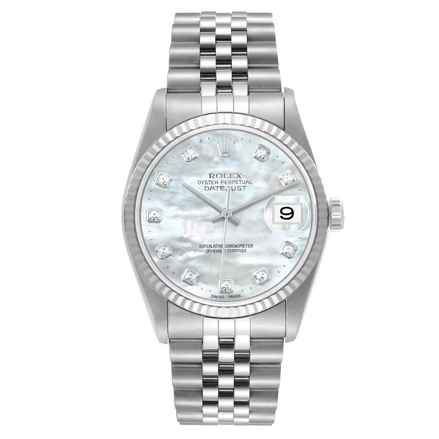 Rolex Datejust Steel White Gold Mother of Pearl Diamond Dial Mens Watch 16234. Officially certified chronometer self-winding movement. Stainless steel oyster case 36.0 mm in diameter. Rolex logo on the crown. 18k white gold fluted bezel. Scratch