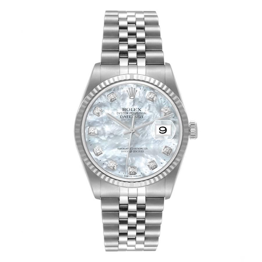 Rolex Datejust Steel White Gold Mother of Pearl Diamond Dial Mens Watch 16234. Officially certified chronometer self-winding movement. Stainless steel oyster case 36.0 mm in diameter. Rolex logo on the crown. 18k white gold fluted bezel. Scratch