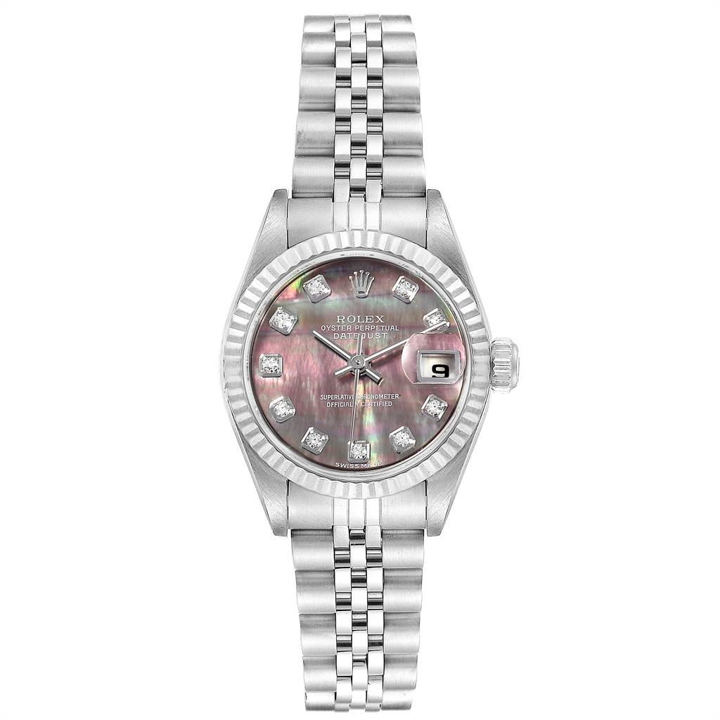 Rolex Datejust Steel White Gold Mother of Pearl Diamond Ladies Watch 79174. Officially certified chronometer self-winding movement. Stainless steel oyster case 26.0 mm in diameter. Rolex logo on a crown. 18k white gold fluted bezel. Scratch