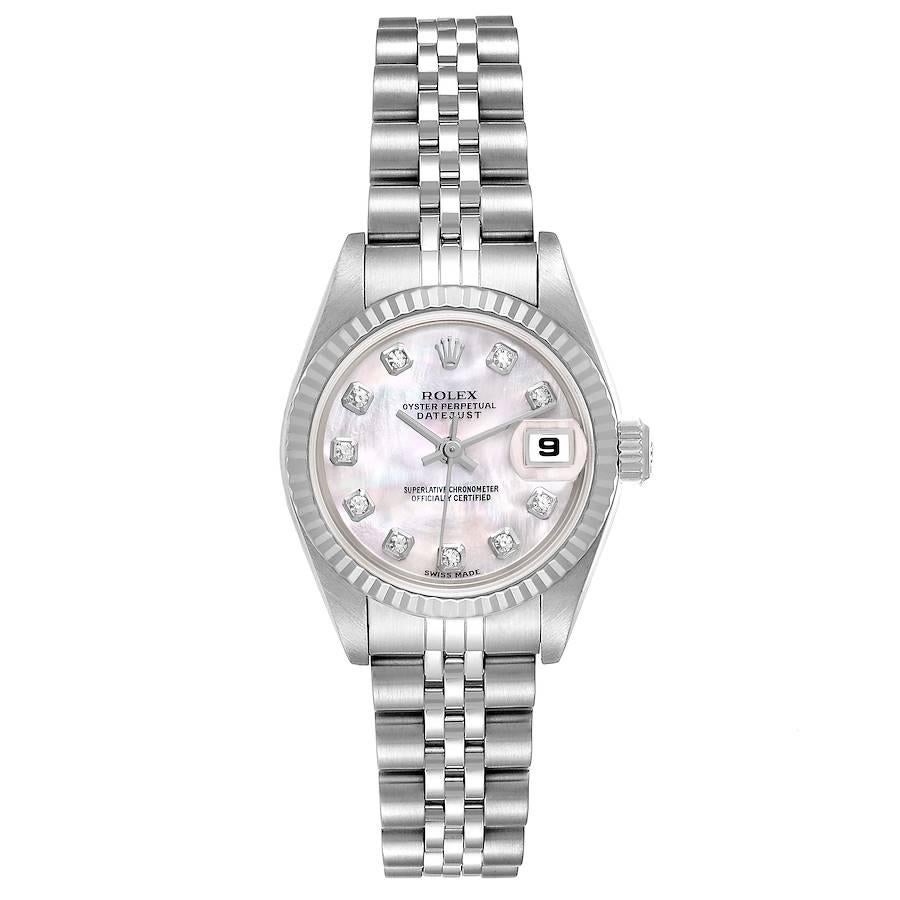 Rolex Datejust Steel White Gold Mother of Pearl Diamond Ladies Watch 79174. Officially certified chronometer automatic self-winding movement. Stainless steel oyster case 26.0 mm in diameter. Rolex logo on the crown. 18K white gold fluted bezel.