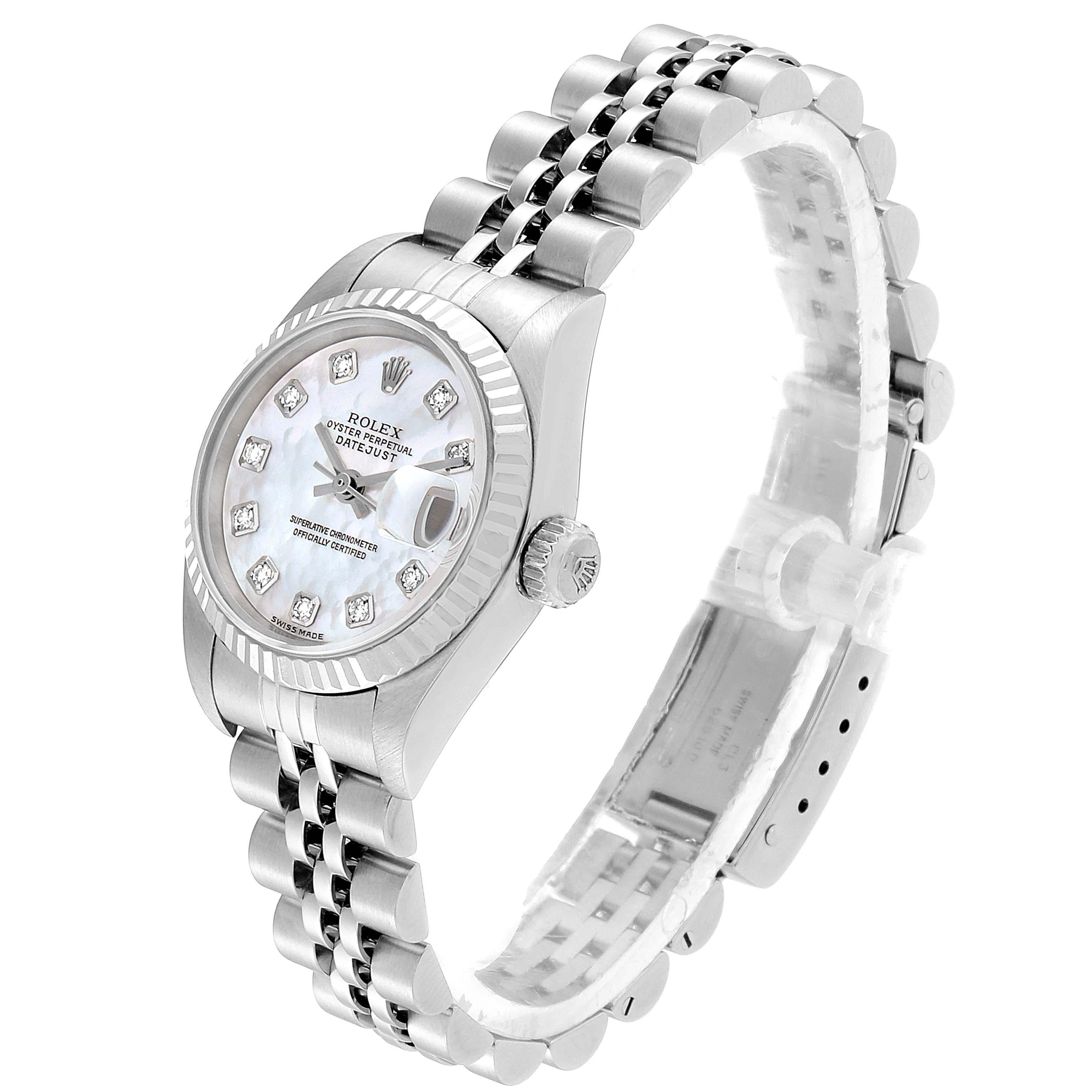 Rolex Datejust Steel White Gold Mother of Pearl Diamond Ladies Watch 79174 In Excellent Condition For Sale In Atlanta, GA