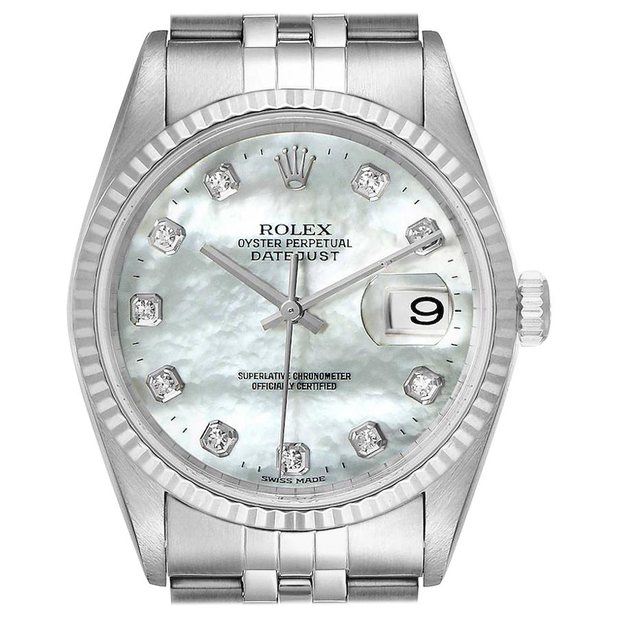 Rolex Datejust Steel White Gold Mother of Pearl Diamond Men’s Watch 16234 For Sale