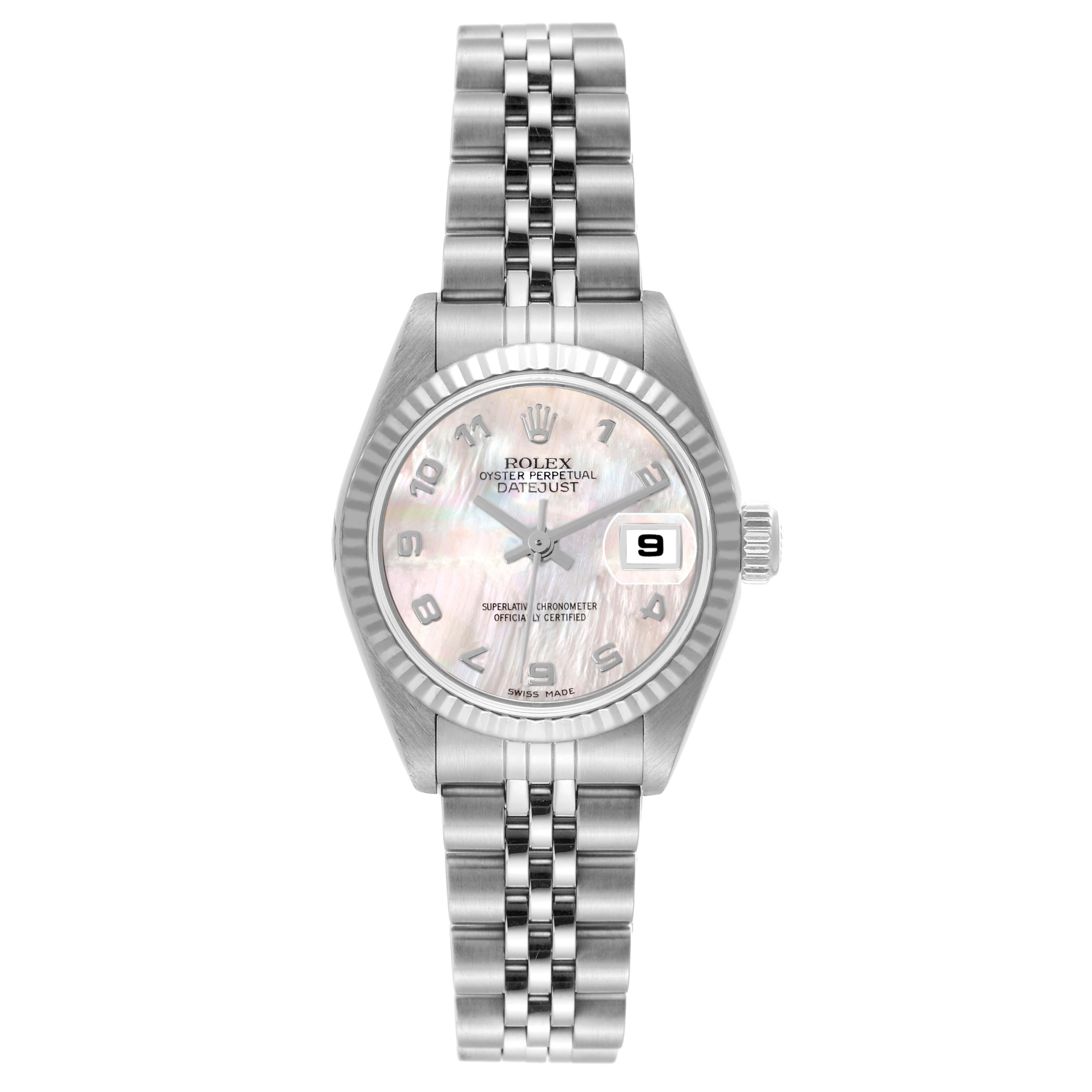 Rolex Datejust Steel White Gold Mother Of Pearl Ladies Watch 79174. Officially certified chronometer automatic self-winding movement. Stainless steel oyster case 26.0 mm in diameter. Rolex logo on a crown. 18K white gold fluted bezel. Scratch