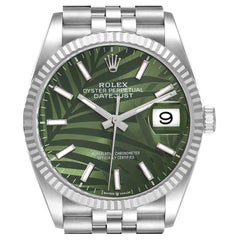 Rolex Datejust Steel White Gold Olive Green Palm Dial Mens Watch 126234 Box Card