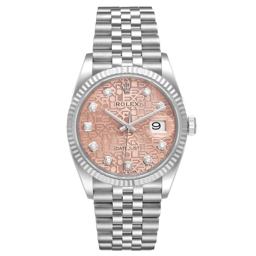 Rolex Datejust Steel White Gold Pink Dial Diamond Watch 126234 Unworn. Officially certified chronometer self-winding movement. Stainless steel case 36.0 mm in diameter. Rolex logo on a crown. 18K white gold fluted bezel. Scratch resistant sapphire