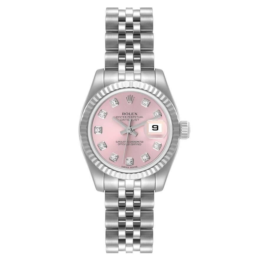Rolex Datejust Steel White Gold Pink Diamond Dial Ladies Watch 179174. Officially certified chronometer automatic self-winding movement. Stainless steel oyster case 26.0 mm in diameter. Rolex logo on the crown. 18K white gold fluted bezel. Scratch