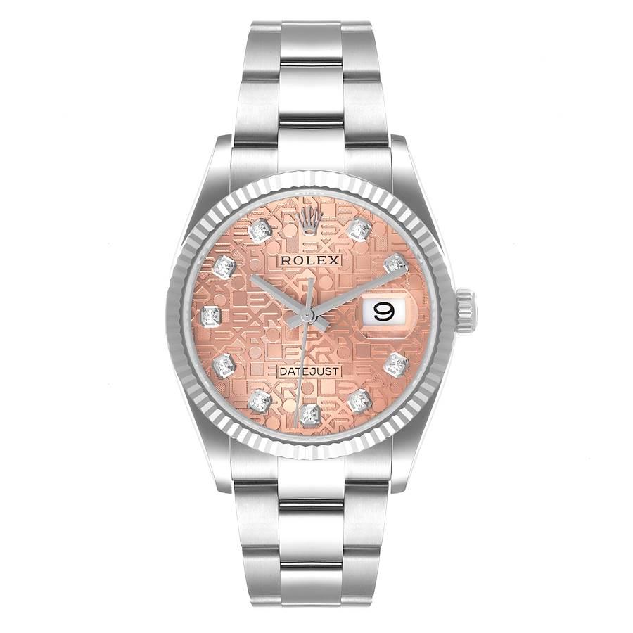 Rolex Datejust Steel White Gold Pink Diamond Dial Mens Watch 126234 Box Card. Officially certified chronometer self-winding movement. Stainless steel case 36.0 mm in diameter.  Rolex logo on a crown. 18K white gold fluted bezel. Scratch resistant