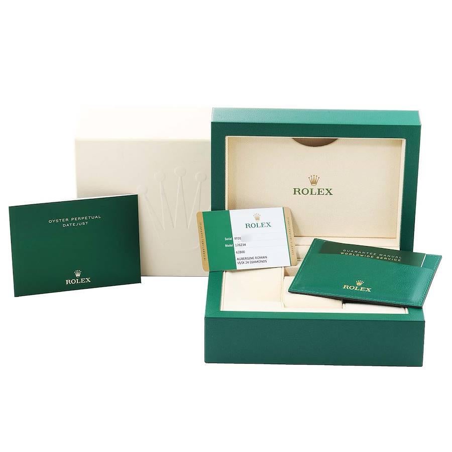 Rolex Datejust Edelstahl Weißgold Lila Zifferblatt Diamant Uhr 126234 Box Card im Angebot 5