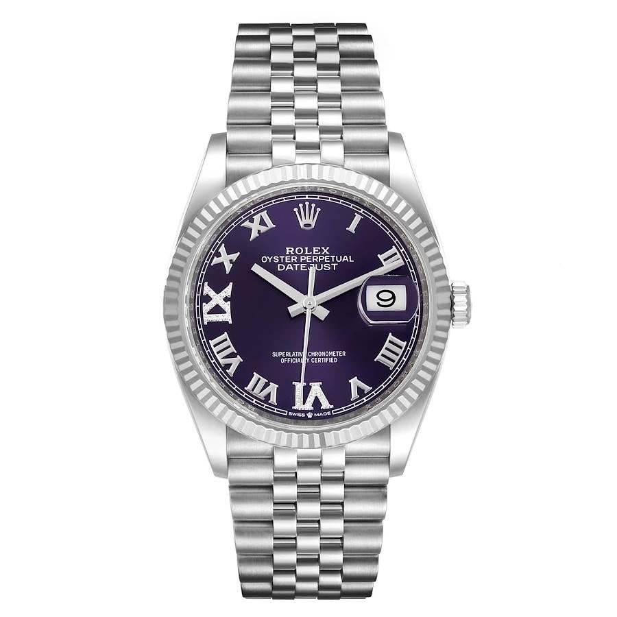 Rolex Datejust Steel White Gold Purple Dial Diamond Watch 126234 Box Card. Officially certified chronometer self-winding movement. Stainless steel case 36.0 mm in diameter.  Rolex logo on a crown. 18K white gold fluted bezel. Scratch resistant