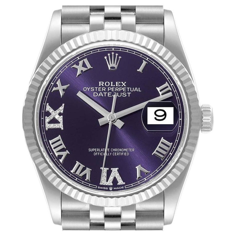 Rolex Datejust Steel White Gold Purple Dial Diamond Watch 126234 Box Card  For Sale at 1stDibs