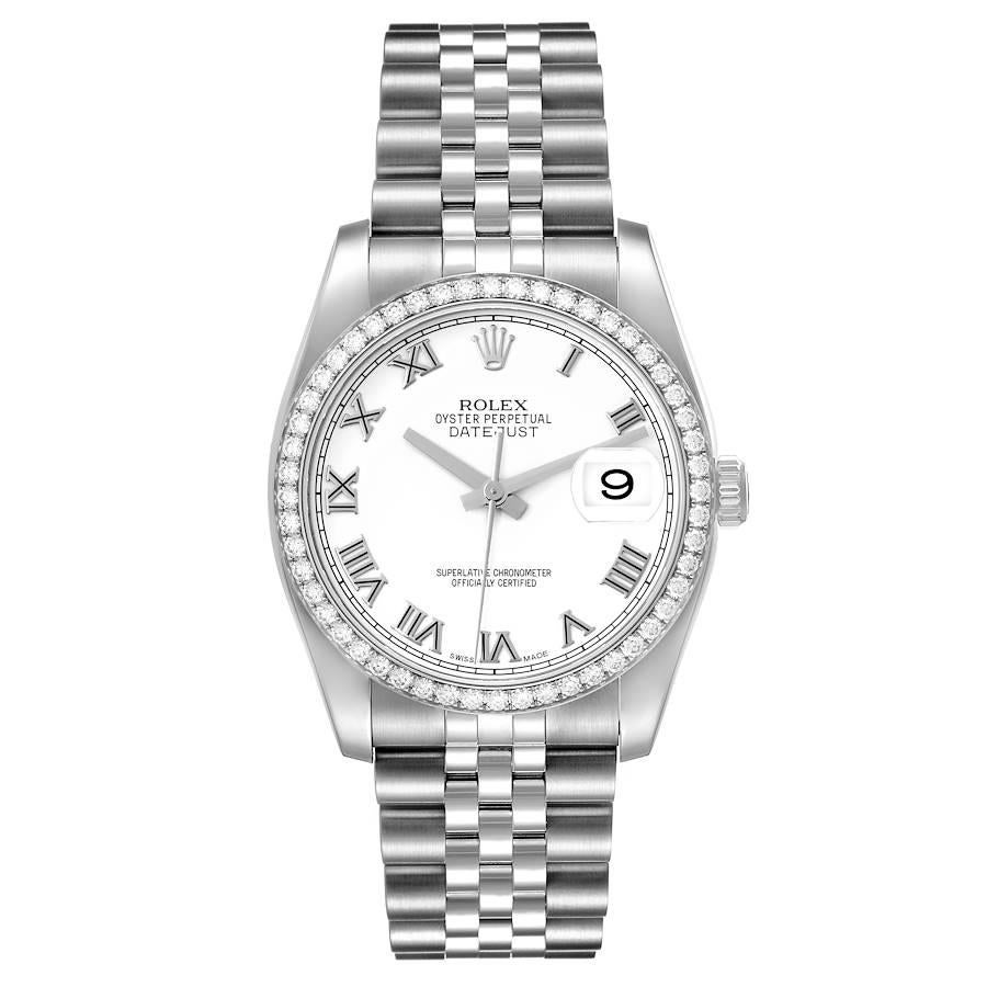Rolex Datejust Steel White Gold Roman Dial Diamond Bezel Mens Watch 116244. Officially certified chronometer automatic self-winding movement. Stainless steel case 36 mm in diameter. Rolex logo on the crown. 18k white gold bezel set with original
