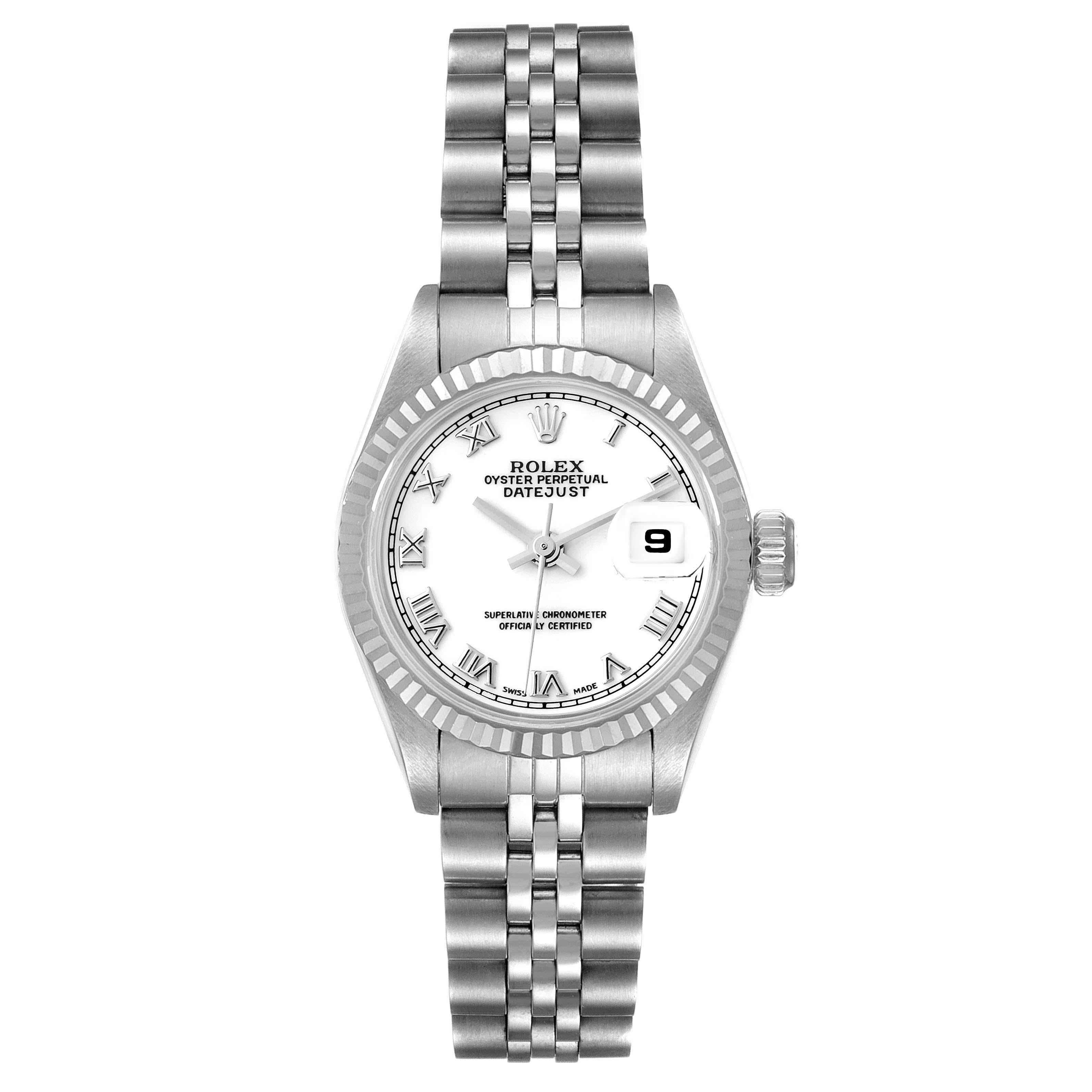 Rolex Datejust Steel White Gold Roman Dial Ladies Watch 69174. Officially certified chronometer automatic self-winding movement. Stainless steel oyster case 26 mm in diameter. Rolex logo on the crown. 18k white gold fluted bezel. Scratch resistant