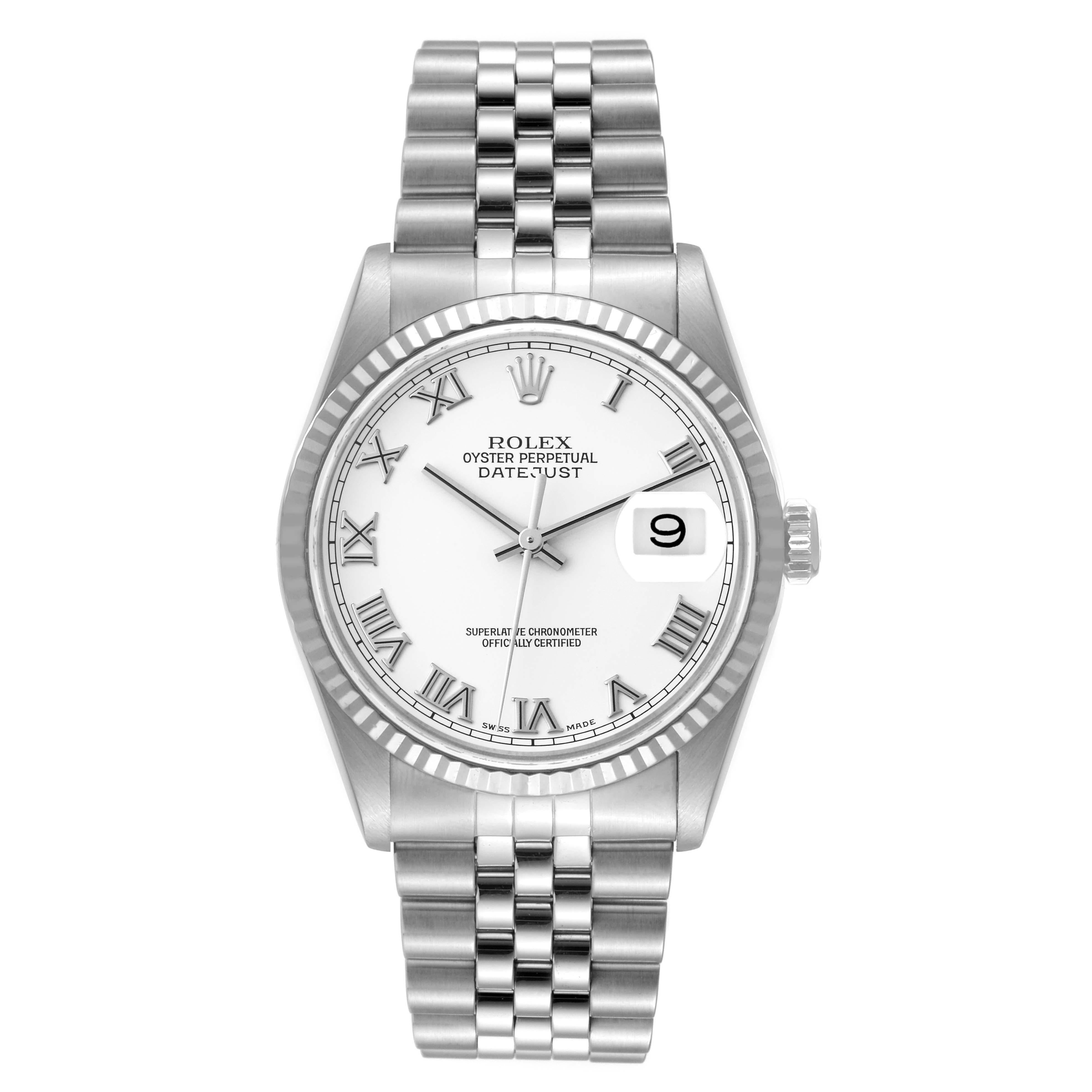 Rolex Datejust Steel White Gold Roman Dial Mens Watch 16234 Box Papers. Officially certified chronometer automatic self-winding movement. Stainless steel oyster case 36 mm in diameter. Rolex logo on the crown. 18k white gold fluted bezel. Scratch