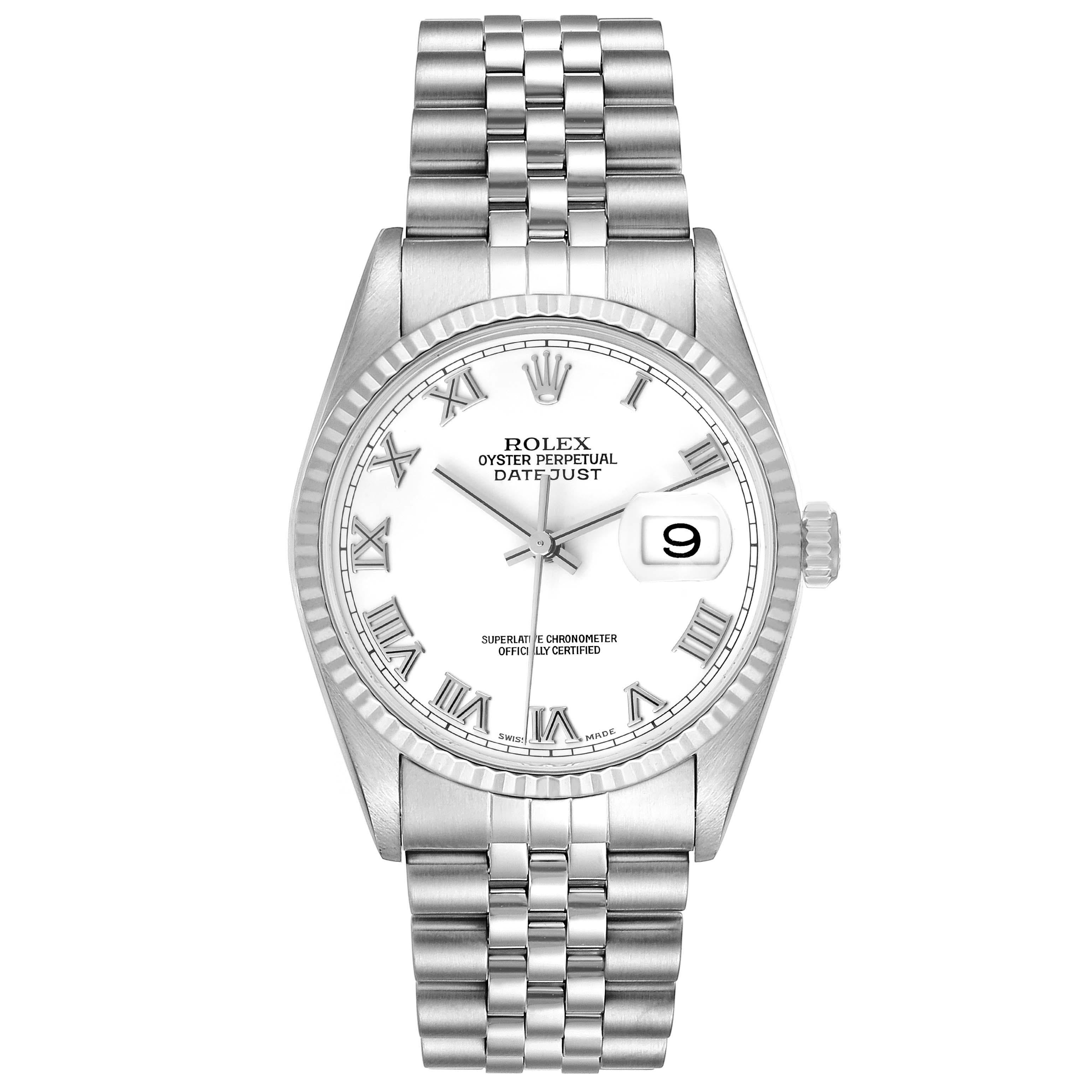 Rolex Datejust Steel White Gold Roman Dial Mens Watch 16234. Officially certified chronometer automatic self-winding movement. Stainless steel oyster case 36 mm in diameter. Rolex logo on the crown. 18k white gold fluted bezel. Scratch resistant