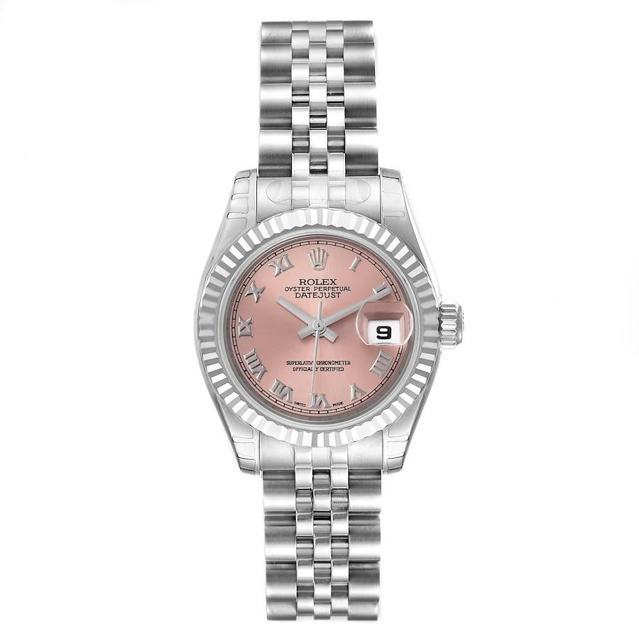 Rolex Datejust Steel White Gold Salmon Dial Ladies Watch 179174 Unworn. Officially certified chronometer self-winding movement. Stainless steel oyster case 26.0 mm in diameter. Rolex logo on a crown. 18K white gold fluted bezel. Scratch resistant