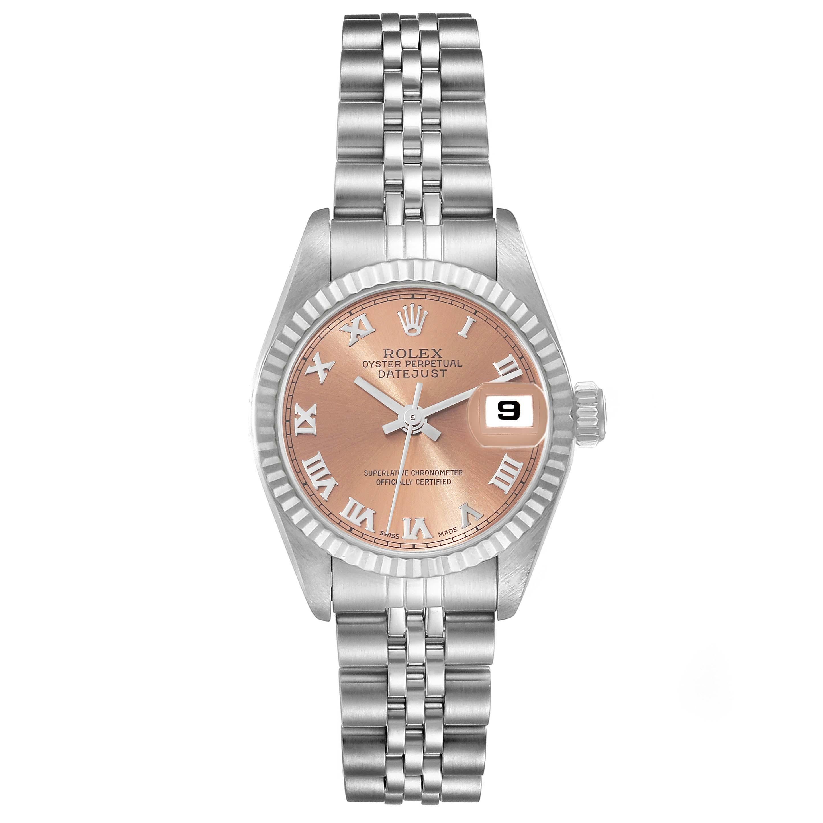 Rolex Datejust Steel White Gold Salmon Dial Ladies Watch 69174 Box Papers. Officially certified chronometer automatic self-winding movement. Stainless steel oyster case 26 mm in diameter. Rolex logo on the crown. 18k white gold fluted bezel. Scratch