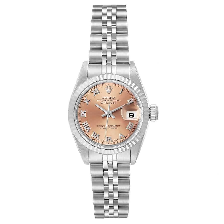 Rolex Datejust Steel White Gold Salmon Dial Ladies Watch 69174 Papers. Officially certified chronometer self-winding movement. Stainless steel oyster case 26.0 mm in diameter. Rolex logo on a crown. 18k white gold fluted bezel. Scratch resistant