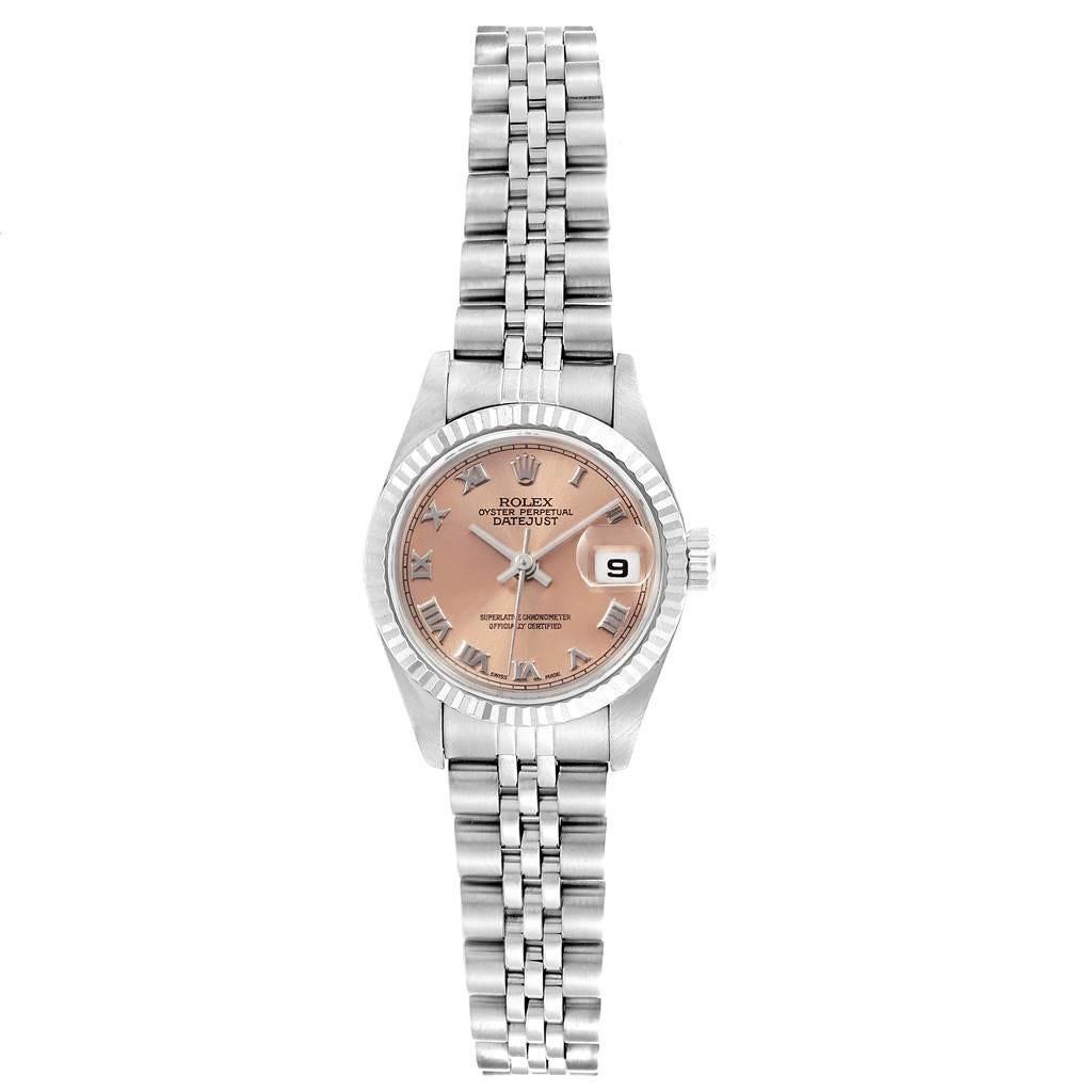 Rolex Datejust Steel White Gold Salmon Dial Ladies Watch 79174 Box Papers. Officially certified chronometer self-winding movement. Stainless steel oyster case 26.0 mm in diameter. Rolex logo on a crown. 18k white gold fluted bezel. Scratch resistant