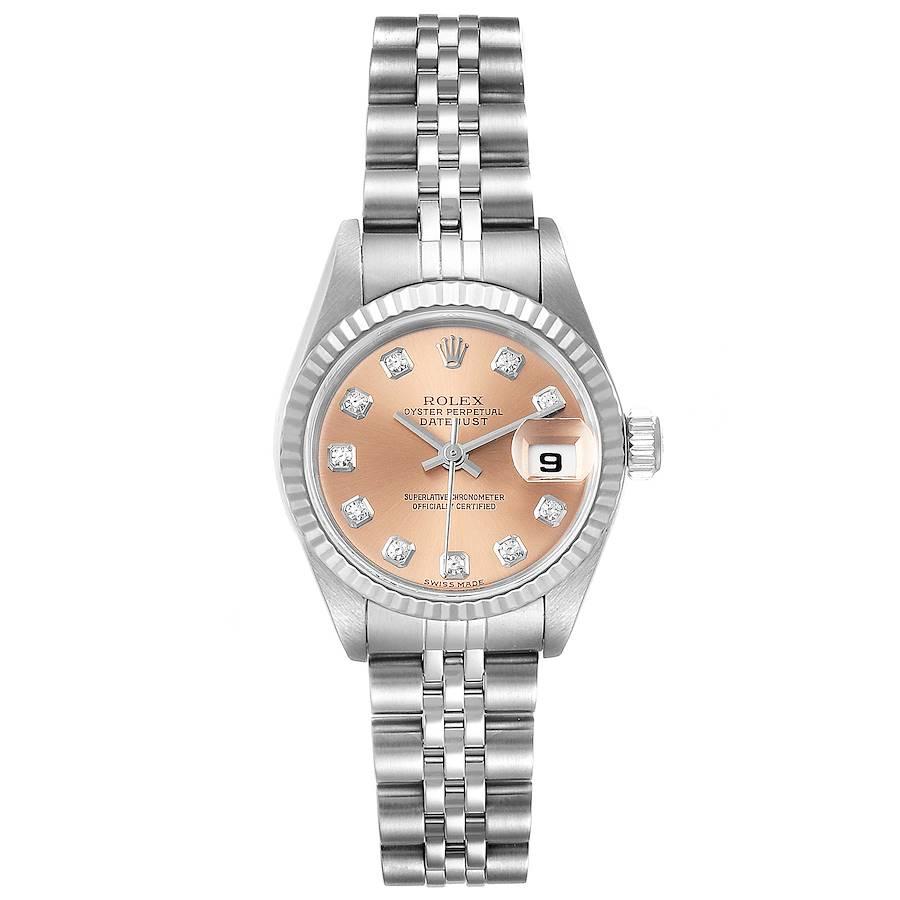 Rolex Datejust Steel White Gold Salmon Diamond Dial Ladies Watch 79174. Officially certified chronometer self-winding movement. Stainless steel oyster case 26.0 mm in diameter. Rolex logo on a crown. 18K white gold fluted bezel. Scratch resistant