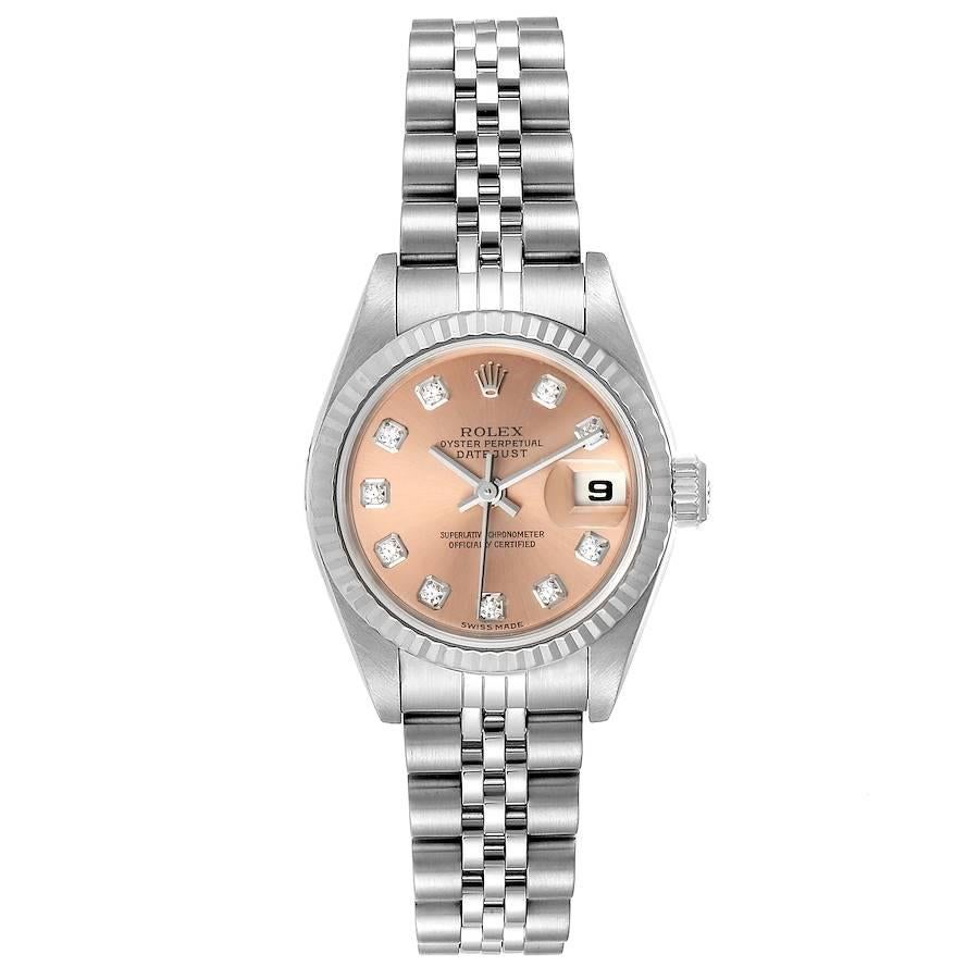 Rolex Datejust Steel White Gold Salmon Diamond Dial Ladies Watch 79174. Officially certified chronometer self-winding movement. Stainless steel oyster case 26.0 mm in diameter. Rolex logo on a crown. 18K white gold fluted bezel. Scratch resistant