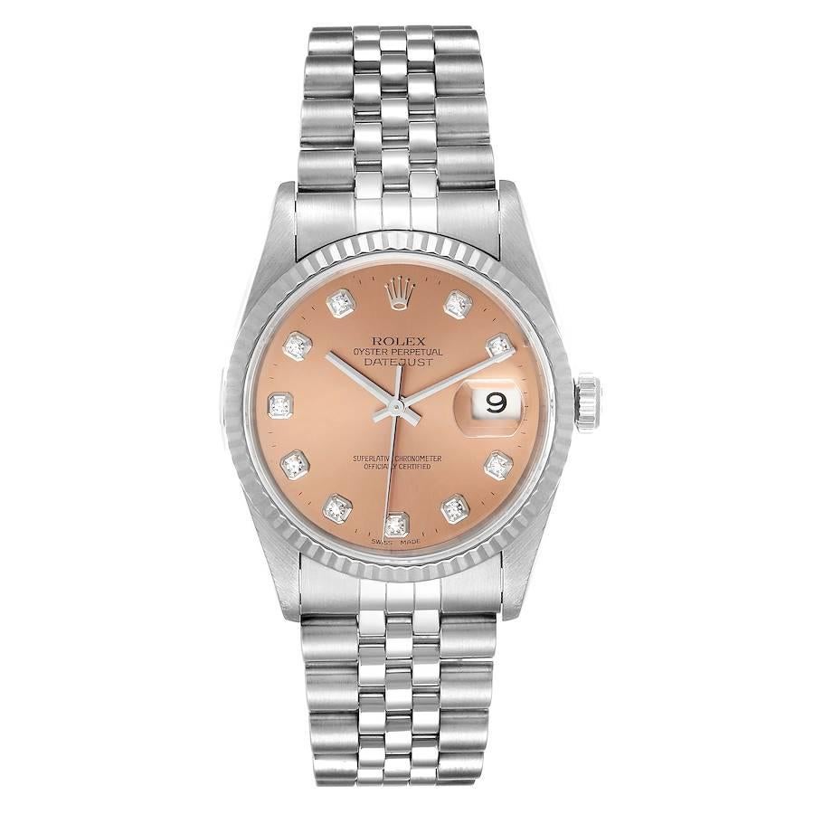 Rolex Datejust Steel White Gold Salmon Diamond Dial Mens Watch 16234. Officially certified chronometer self-winding movement. Stainless steel oyster case 36.0 mm in diameter. Rolex logo on a crown. 18k white gold fluted bezel. Scratch resistant