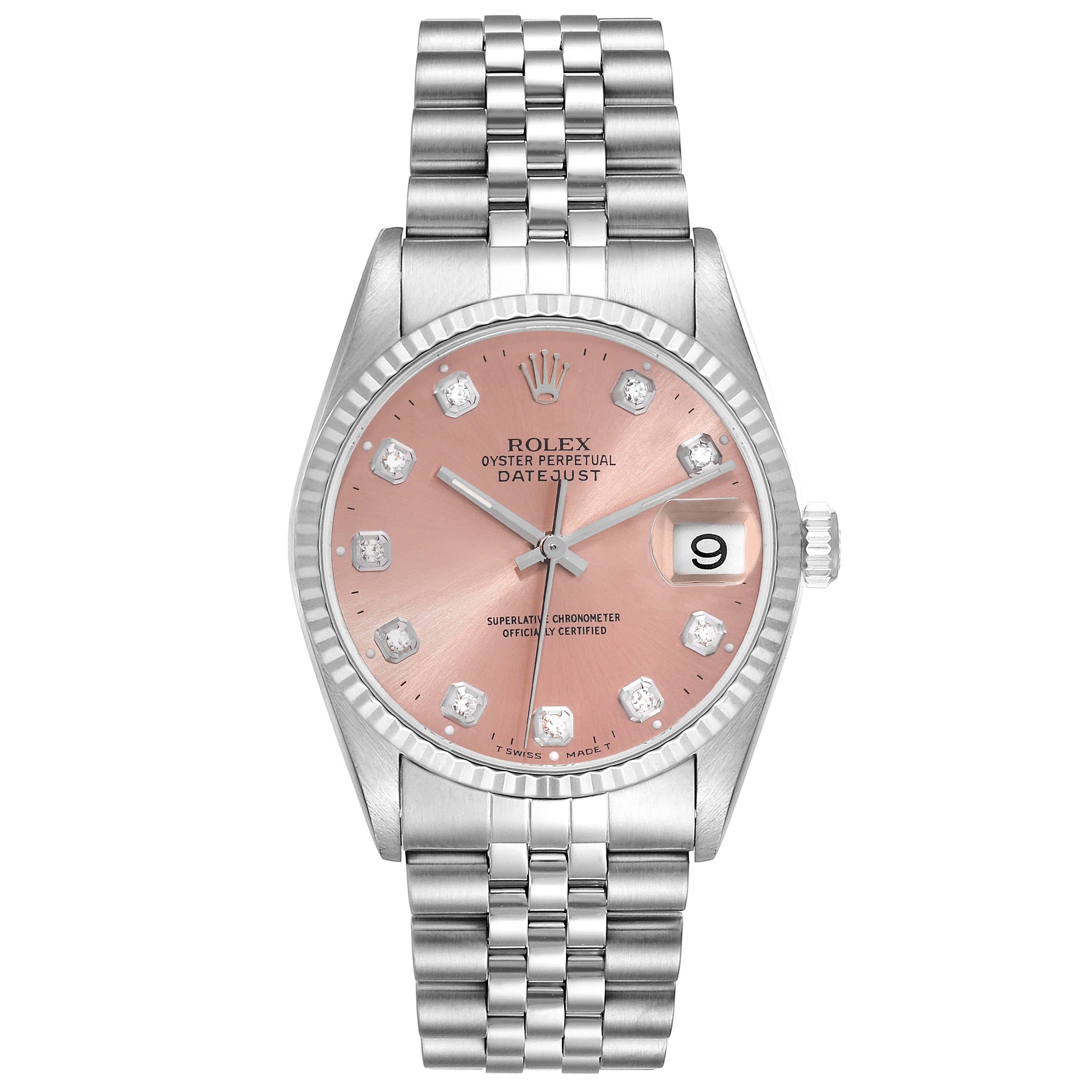 Rolex Datejust Steel White Gold Salmon Diamond Dial Mens Watch 16234. Officially certified chronometer automatic self-winding movement. Stainless steel case 36.0 mm in diameter. Rolex logo on the crown. 18k white gold fluted bezel. Scratch resistant