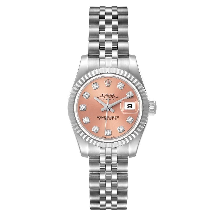 Rolex Datejust Steel White Gold Salmon Diamond Dial Watch 179174 Box Papers. Officially certified chronometer self-winding movement. Stainless steel oyster case 26.0 mm in diameter. Rolex logo on a crown. 18K white gold fluted bezel. Scratch