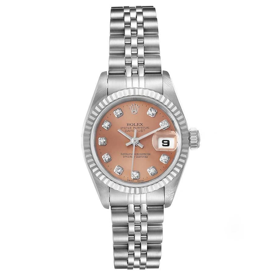 Rolex Datejust Steel White Gold Salmon Diamond Dial Watch 79174 Box Papers. Officially certified chronometer self-winding movement. Stainless steel oyster case 26.0 mm in diameter. Rolex logo on a crown. 18K white gold fluted bezel. Scratch