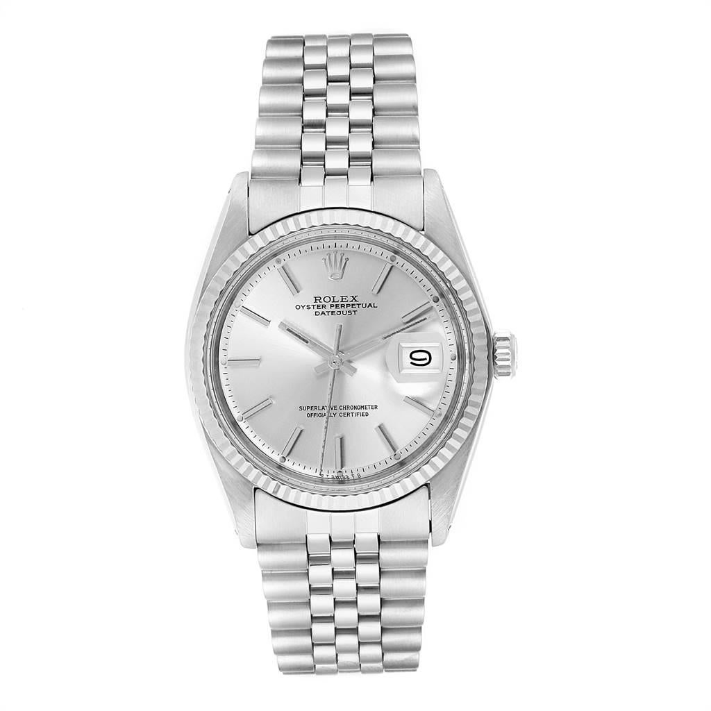 Rolex Datejust Steel White Gold Sigma Dial Vintage Mens Watch 1601. Officially certified chronometer automatic self-winding movement. Stainless steel case 36 mm in diameter. Rolex logo on a crown. 18K white gold fluted bezel. Acrylic crystal with