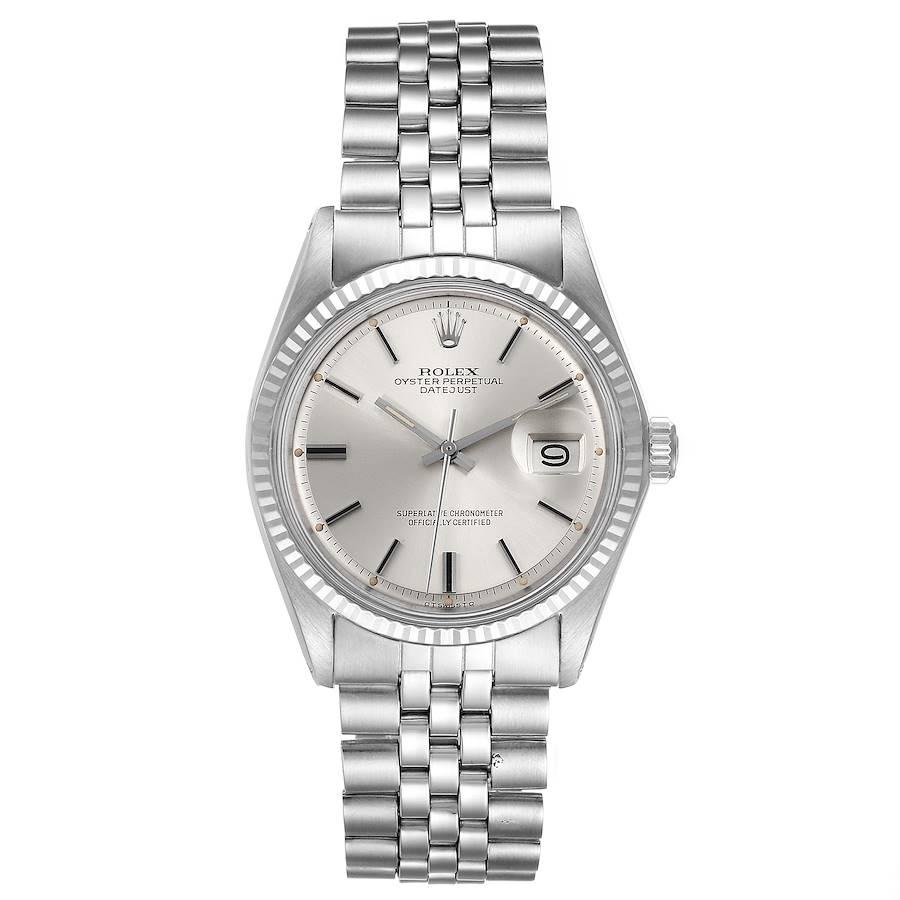 Rolex Datejust Steel White Gold Sigma Dial Vintage Mens Watch 1601. Officially certified chronometer self-winding movement. Stainless steel oyster case 36 mm in diameter. Rolex logo on a crown. 18k white gold fluted bezel. Acrylic crystal with