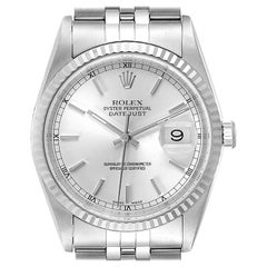 Rolex Datejust Steel White Gold Silver Baton Dial Men's Watch 16234