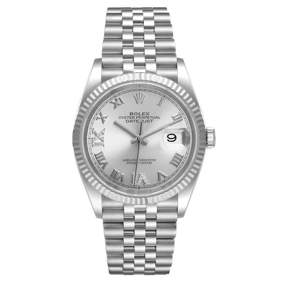 Rolex Datejust Steel White Gold Silver Dial Diamond Watch 126234 Box Card. Officially certified chronometer self-winding movement. Stainless steel case 36.0 mm in diameter.  Rolex logo on a crown. 18K white gold fluted bezel. Scratch resistant