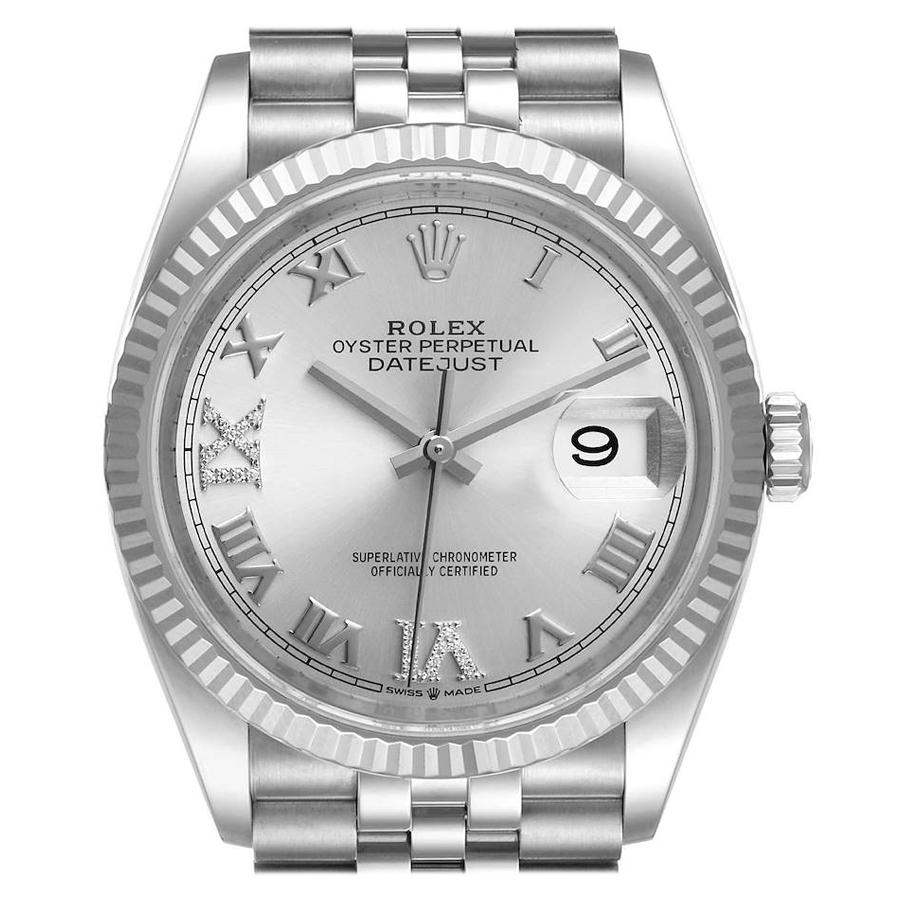 Rolex Datejust Steel White Gold Silver Dial Diamond Watch 126234 Box Card For Sale