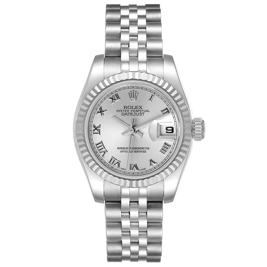 Rolex Datejust Steel White Gold Silver Dial Ladies Watch 179174 Box Card. Officially certified chronometer self-winding movement. Stainless steel oyster case 26.0 mm in diameter. Rolex logo on a crown. 18K white gold fluted bezel. Scratch resistant