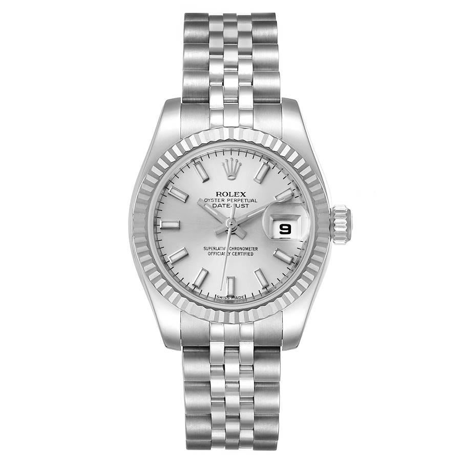 Rolex Datejust Steel White Gold Silver Dial Ladies Watch 179174 Box Card. Officially certified chronometer self-winding movement. Stainless steel oyster case 26.0 mm in diameter. Rolex logo on a crown. 18K white gold fluted bezel. Scratch resistant