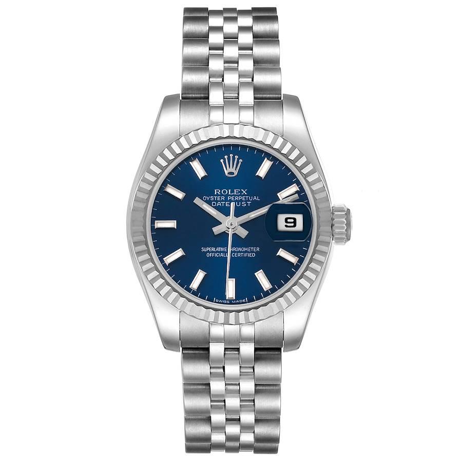 Rolex Datejust Steel White Gold Silver Dial Ladies Watch 179174 Unworn NOS. Officially certified chronometer self-winding movement. Stainless steel oyster case 26.0 mm in diameter. Rolex logo on a crown. 18K white gold fluted bezel. Scratch