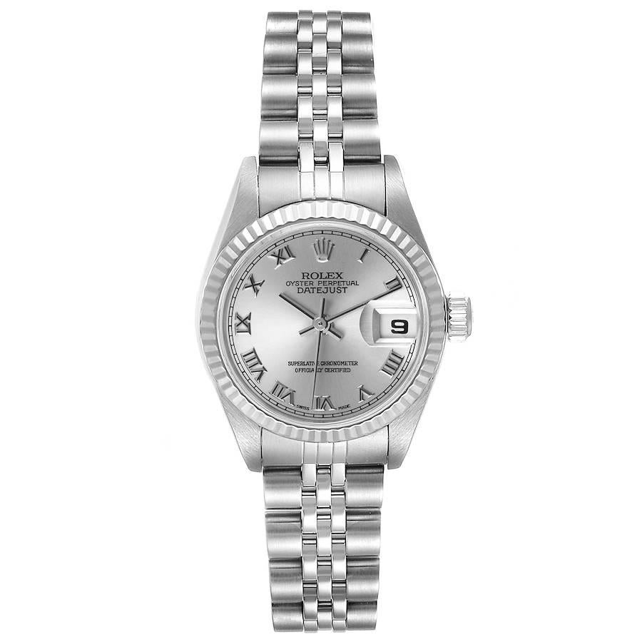 Rolex Datejust Steel White Gold Silver Dial Ladies Watch 79174 Box Papers. Officially certified chronometer self-winding movement. Stainless steel oyster case 26.0 mm in diameter. Rolex logo on a crown. 18k white gold fluted bezel. Scratch resistant
