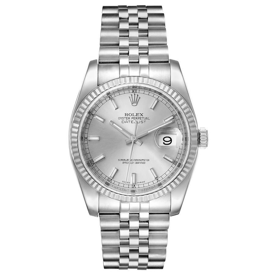 Rolex Datejust Steel White Gold Silver Dial Mens Watch 116234 Box Card. Officially certified chronometer self-winding movement. Stainless steel case 36.0 mm in diameter.  Rolex logo on a crown. 18K white gold fluted bezel. Scratch resistant sapphire