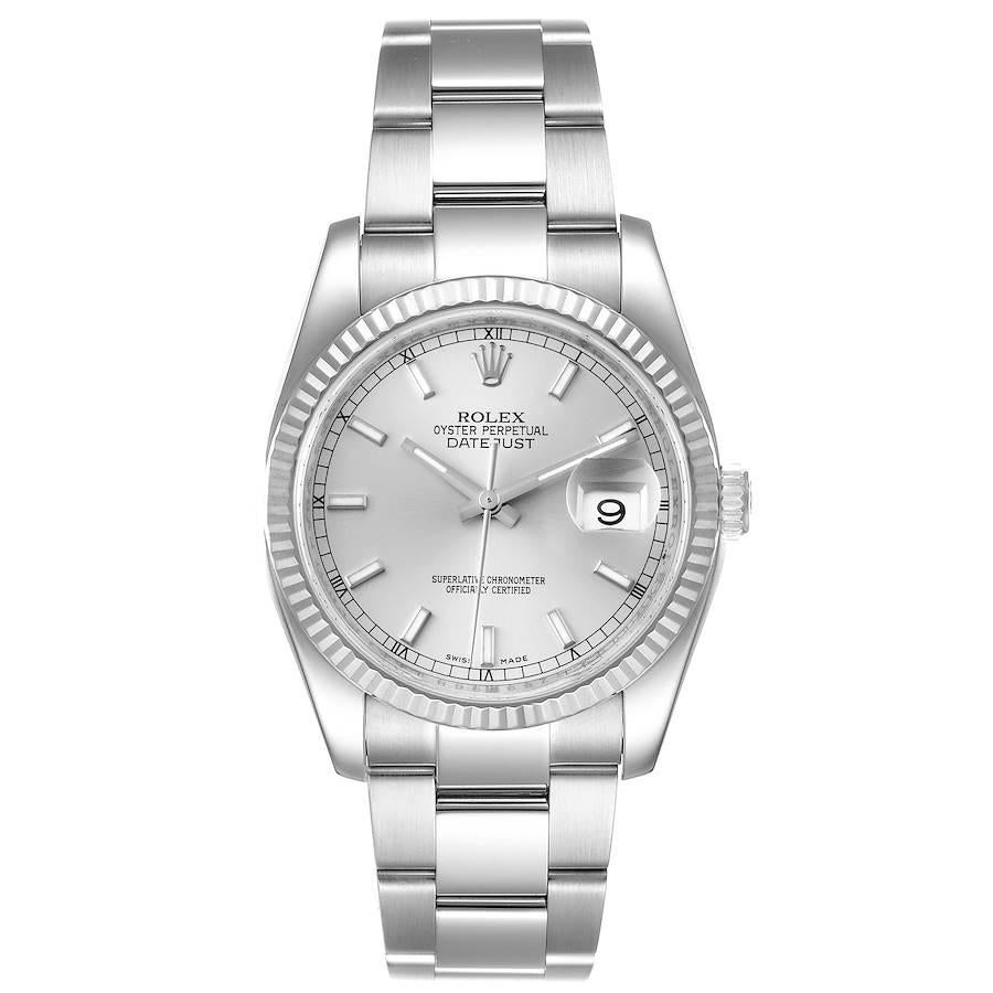 Rolex Datejust Steel White Gold Silver Dial Mens Watch 116234 Box Papers. Officially certified chronometer self-winding movement. Stainless steel case 36.0 mm in diameter. Rolex logo on a crown. 18K white gold fluted bezel. Scratch resistant